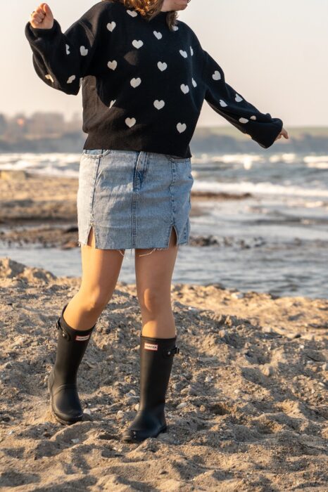 Hunter Gummistiefel Outfits Strand Jeansrock Pullover