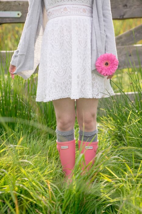 Wollsocken Outfit Gummistiefel Kleid